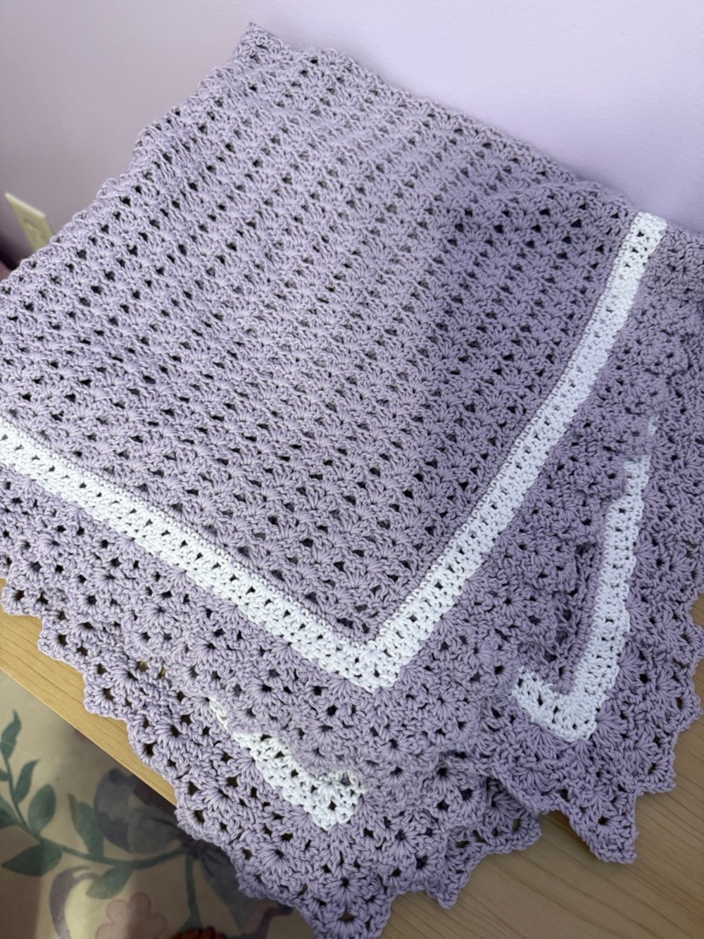 Handmade Lavender Crochet Baby Blanket with White Accent